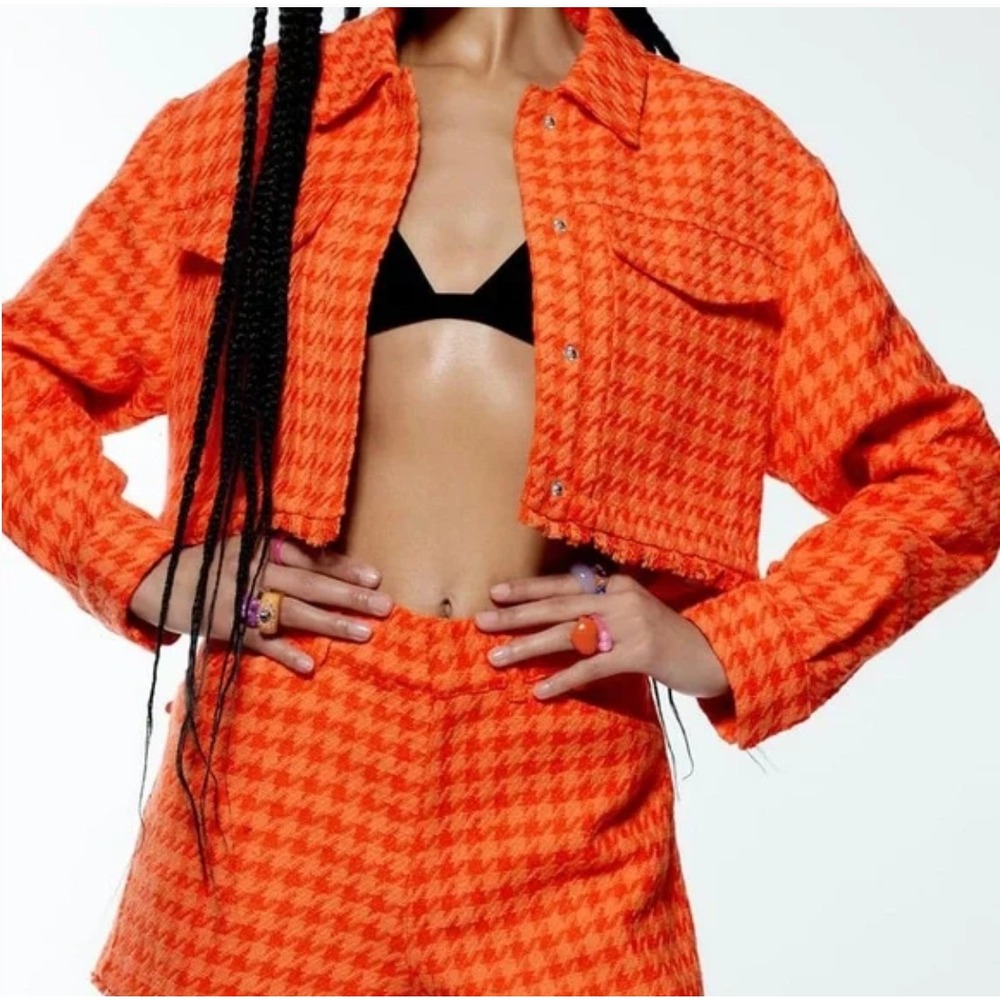 Zara • Orange Houndstooth Cropped Jacket